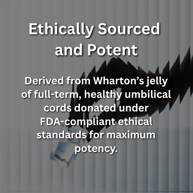 Hand holding a Resiliélle Age Zero™ Exosome vial in front of vertical blinds. Ethically Sourced and Potent — Derived from Wharton’s jelly of full-term, healthy umbilical cords donated under FDA-compliant ethical standards for maximum potency.