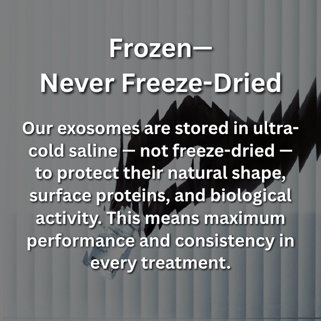 Resiliélle Age Zero™ Exosome vial held by a gloved hand in front of vertical blinds. Frozen—Never Freeze-Dried — Exosomes stored in ultra-cold saline to protect natural structure, proteins, and biological activity for maximum performance.