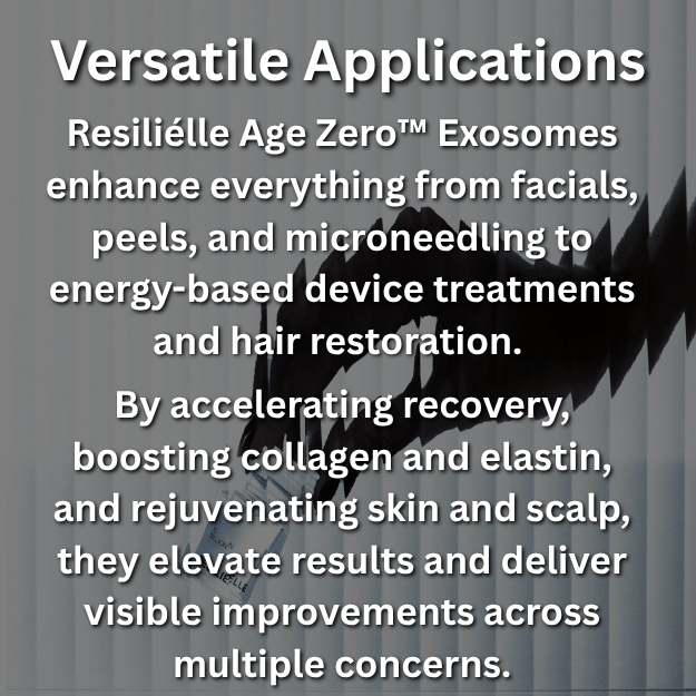 Close-up of a hand holding a Resiliélle Age Zero™ Exosome vial, partially obscured by shadowed blinds. Versatile Applications — Exosomes enhance facials, peels, microneedling, energy-based device treatments, and hair restoration by accelerating recovery and boosting collagen.