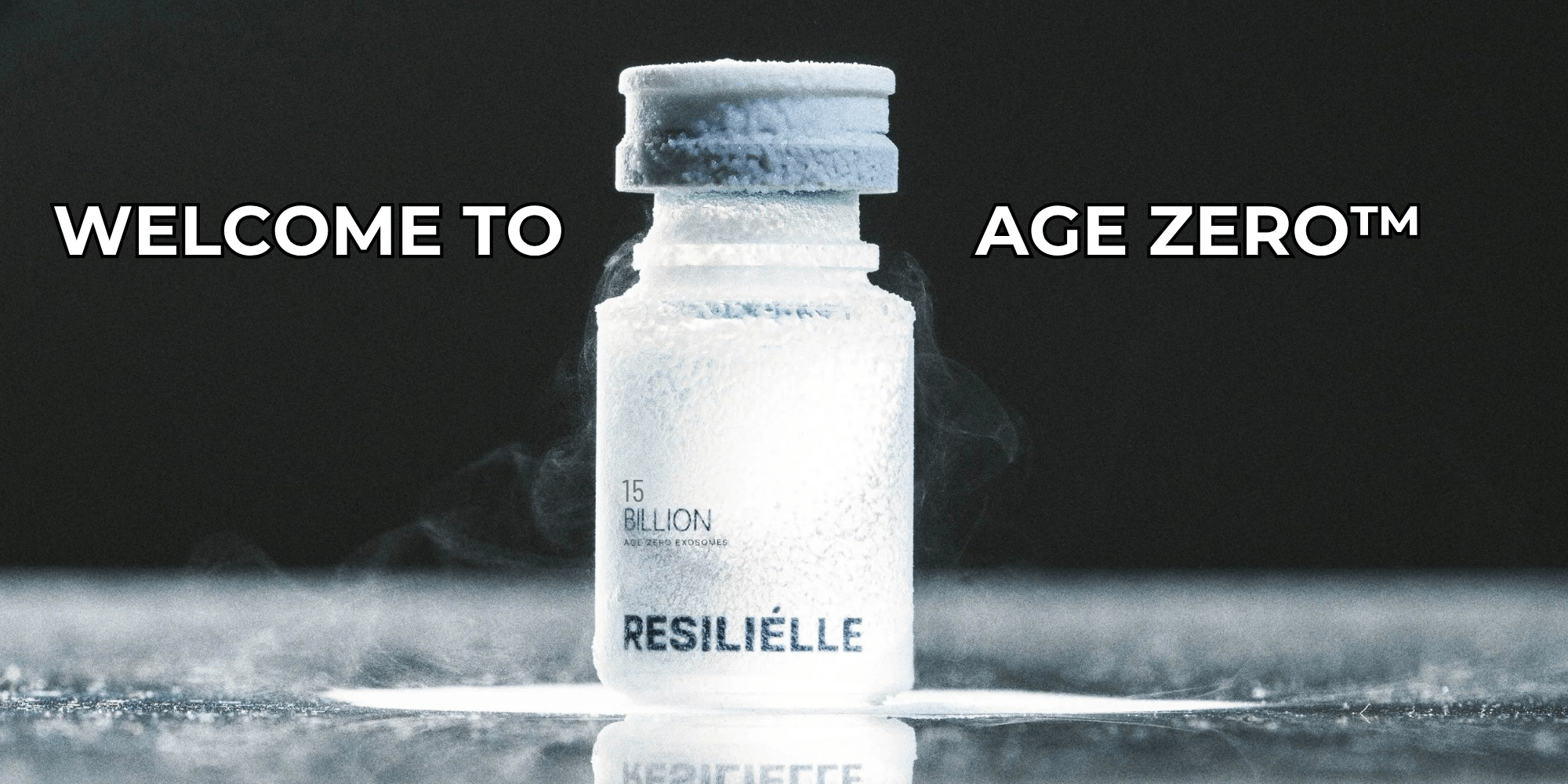 MedResults Network and Resiliélle partnership banner—Age Zero™ Exosomes Gold Standard Resiliélle Age Zero™ exosome vial shown on dry ice for ultra-cold shipping