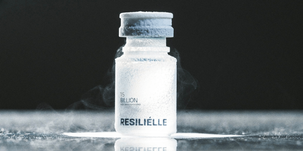 MedResults Network and Resiliélle partnership banner—Age Zero™ Exosomes Gold Standard Resiliélle Age Zero™ exosome vial shown on dry ice for ultra-cold shipping